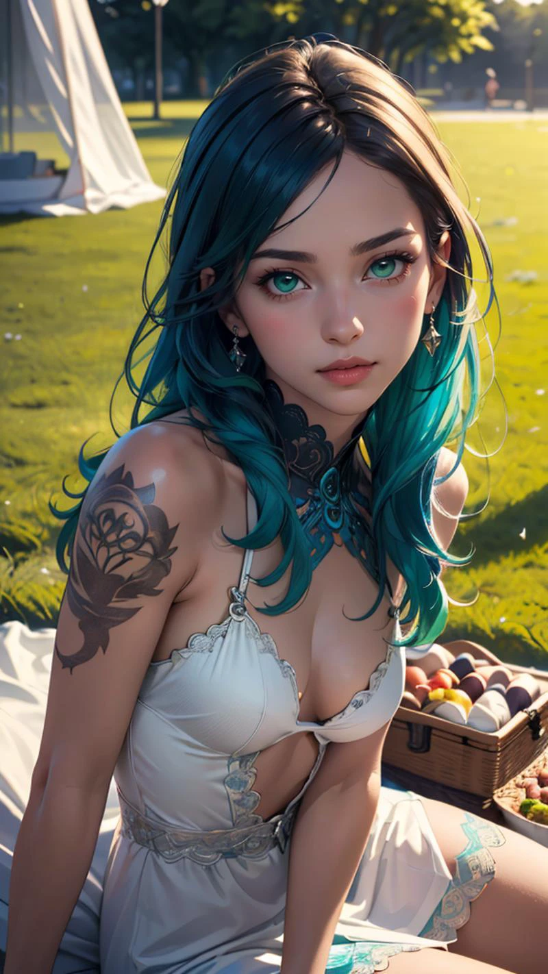 (best quality, masterpiece, colorful, highest detailed) upper body photo, fashion photography of cute (ung cute fantasy girl), coloured hair, 18yo, small tits, flirting on camera, fashion photography, (Realistic skin texture:1.4), high detailed casual dress, soft light passing through hair, (Picnic atmosfere), (well-kept green lawn), (public park), (dawn light), (night beautiful background:1.3), (intricate details), (dynamic angle)