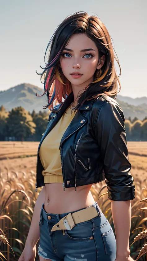 (best quality, masterpiece, colorful, highest detailed) upper body photo, fashion photography of cute (Belén Rodríguez), long, straight hair, (light smile:0.3), wearing leather jacket and ripped jeans, wheat field, picturesque, rural background, upper body shot,sharp, colorful, ultra realistic, cinematic, blue and yellow:0.85), dim colors,