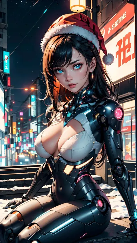 (best quality, masterpiece, colorful, dynamic angle, highest detailed)upper body photo, full body photo, fashion photography of cute 1girl, mechanical arms, cyborg, dark mood, dystopia, glowing, looking at viewer, sitting, long hair, Santa Clauss hat, bokeh (intricate details, hyperdetailed:1.15), detailed, perfect snowing night, moonlight passing through hair, (official cyberpunk art, extreme detailed, highest detailed), HDR+
