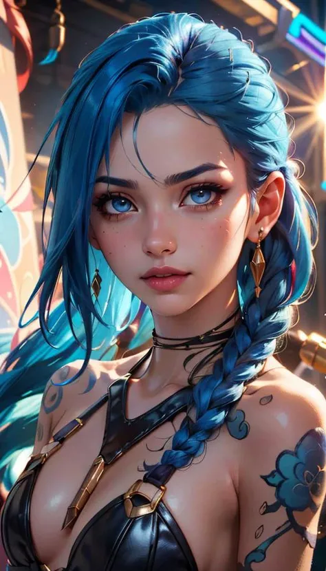 (best quality, masterpiece, colorful, dynamic angle, highest detailed)(Jinx, Legue of Legends, Arcane) upper body professional photo, award winning fashion photography of sexy, intense blue long hair, Jinx <lora:jinxLeagueOfLegends_v10:1>, Legue of Legends, Arcane, flirting, bokeh, (intricate details, hyperdetailed:1.15), detailed, sunlight passing through hair (official art, colorful background, extreme detailed, highest detailed, natural skin texture, hyperrealism, soft light, sharp, perfect face),