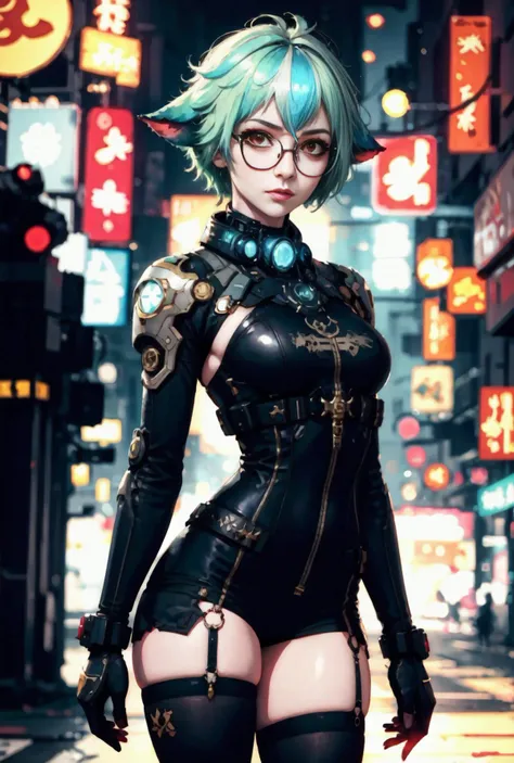 masterpiece, (cyberpunk, cybernetic, futuristic, neon color, science fiction), sfw, (masterpiece:1.10), (best quality:1.0), (ultra highres:1.0), beautiful 8k, masterpiece, volumetric lighting, 24mm, 4k, DSLR, natural lighting, <lora:CyberpunkStyleV1:0.5>, <lora:sucrose-lora-nochekaiser:1>, sucrose, solo, 1girl, green hair, glasses, animal ears, looking at viewer, semi-rimless eyewear, thighhighs, orange eyes