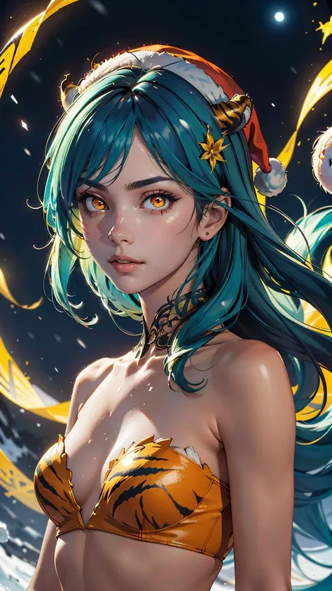 (best quality, masterpiece, colorful, dynamic angle, realistic)\Lum\, upper body photo, fashion photography of cute, intense long green hair, orange eyes, tiger print, strapless bikini, yellow boots, yellow little horns, small horns, \Lum\, <lora:lum4:0.6>, Santa Clauss hat, (ultrahigh resolution textures), in dynamic pose, bokeh, (intricate details, hyperdetailed:1.15), snowing, moonlight passing through hair, perfect night, (fantasy background), (official art, extreme detailed, highest detailed), HDR+