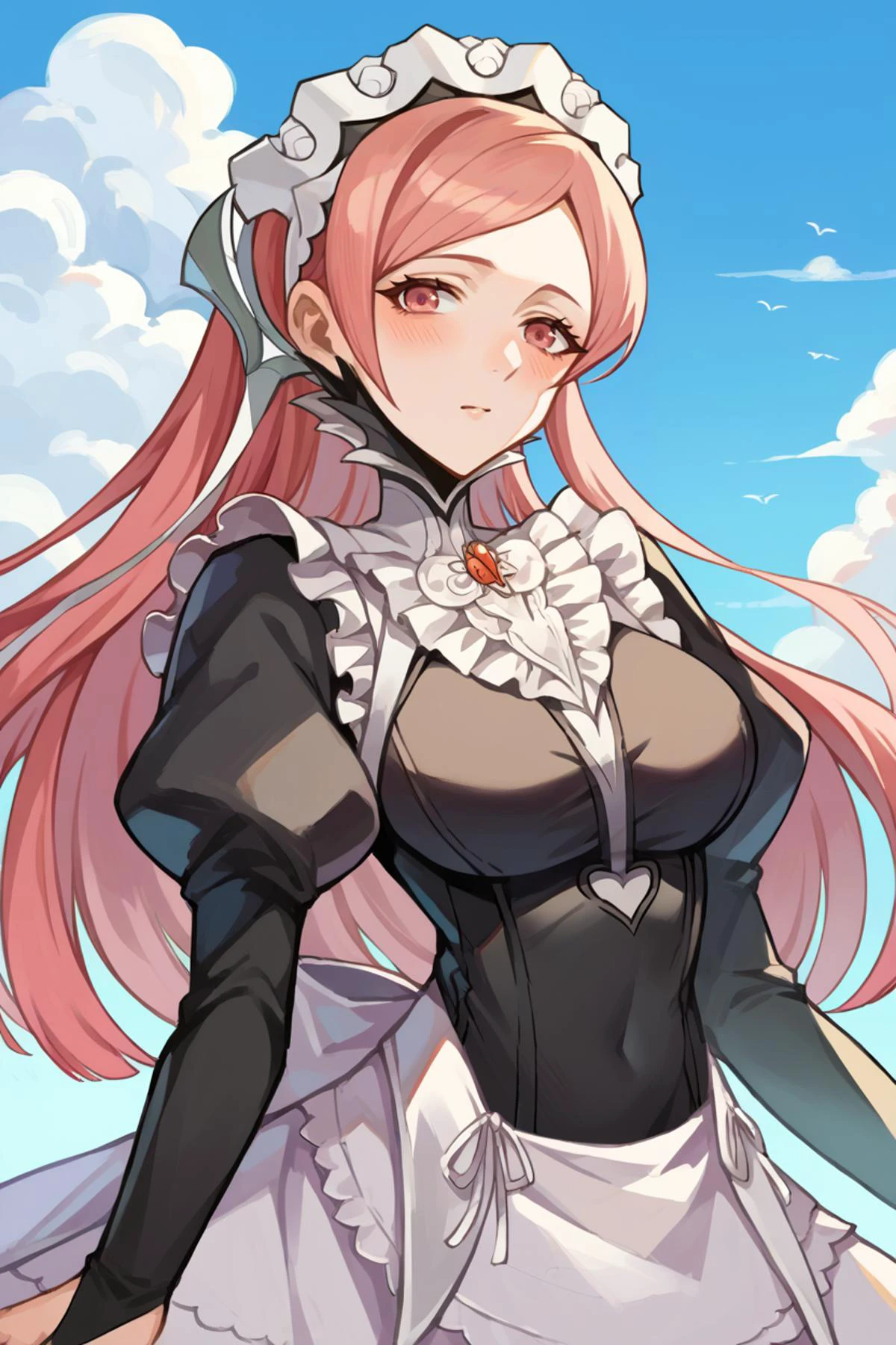 score_9, score_8_up, score_7_up, score_6_up, source_anime BREAK 1girl, solo, <lora:fecherche-pdxl-nvwls-v1-000005:1> defCherche, pink hair, hairband, headgear <lora:fatesmaid-fe-richy-v1_pdxl:1> fates maid, maid headdress, maid apron, bridal gauntlets, black thighhighs, big breasts, blue sky, clouds, looking at you, blush, pink eyes