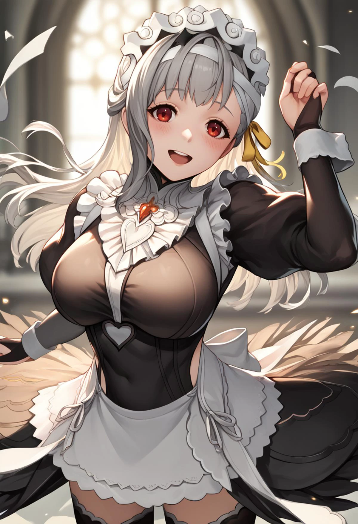 score_9, score_8_up, score_7_up, source_anime BREAK 1girl, solo, <lora:modernia-nikke-richy-v1_pdxl:1> moderniarnd, red eyes, grey hair, long hair, bangs, large breasts, hair ornament, bandaged head, <lora:fatesmaid-fe-richy-v1_pdxl:1> fates maid, maid headdress, maid apron, bridal gauntlets, black thighhighs, standing, smile, blush, open mouth, yellow hair ribbon