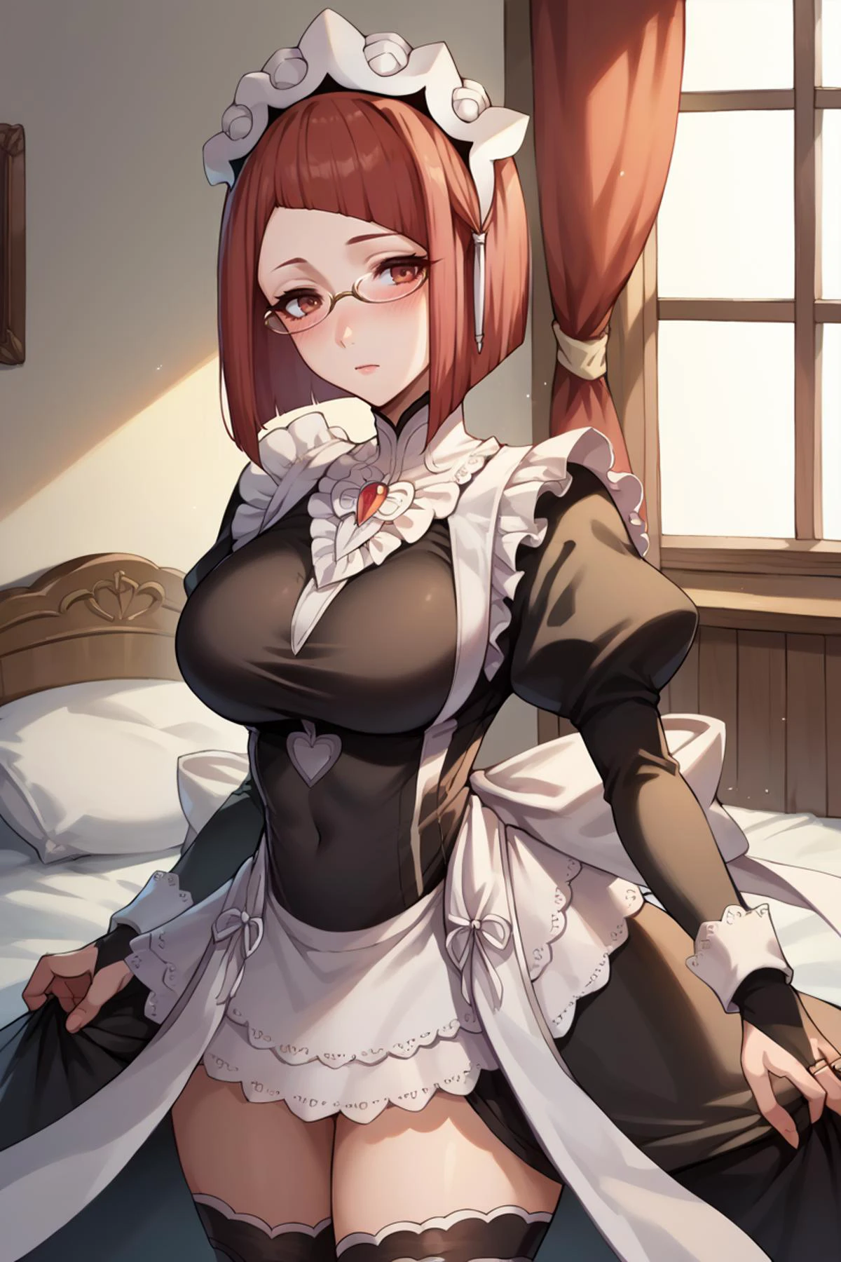 score_9, score_8_up, score_7_up, score_6_up, source_anime BREAK 1girl, solo, <lora:femiriel-pdxl-nvwls-v1-000005:1> miriel, red hair, glasses, big breasts, maid headdress, <lora:fatesmaid-fe-richy-v1_pdxl:1> fates maid, maid headdress, maid apron, bridal gauntlets, black thighhighs, bedroom, blush
