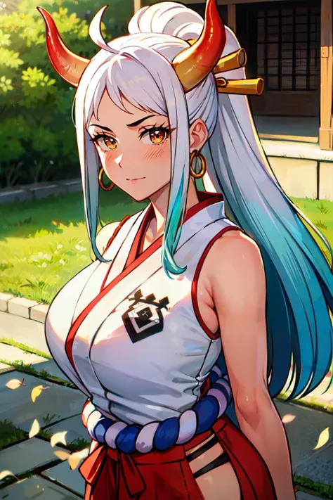 2d, masterpiece, best quality, anime, highly detailed face, highly detailed background, perfect lighting, 1girl, solo, yamato, orange eyes, long hair, multicolored hair, aqua hair, white hair, two-tone hair, high ponytail, horns, multicolored horns, hair ornament, bare shoulders, large breasts, looking at viewer, blush, ponytail, ahoge, sidelocks, earrings, japanese clothes, sleeveless, pants, bare arms, toes, sandals, hakama, rope, oni, hoop earrings, geta, hair stick, curled horns, shimenawa, red horns, sleeveless kimono, hakama pants,  japan background, japanese place, sakura trees, leafs falling, portrait,  <lora:Yamato:1>