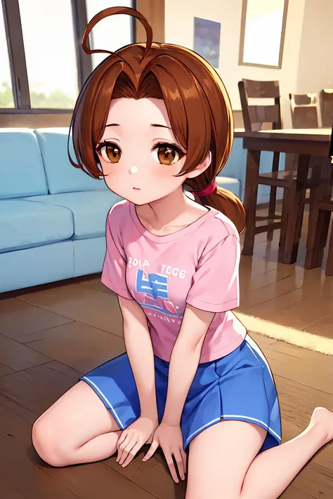 (masterpiece, best quality), 1girl, <lora:deliaketchum-lora-nochekaiser:1> deliaketchum, brown hair, (brown eyes:1.7), parted bangs, (ahoge:1.5), ponytail, low ponytail, shirt, pink shirt, short sleeves, skirt, blue skirt, long skirt,