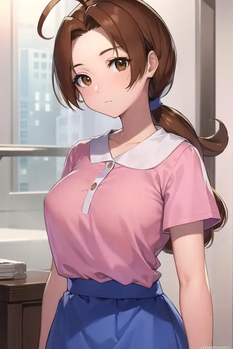 deliaketchum, <lora:deliaketchum-lora-nochekaiser:1>,
deliaketchum, brown hair, (brown eyes:1.7), parted bangs, (ahoge:1.5), ponytail, low ponytail,
BREAK shirt, (pink shirt:1.2), short sleeves, skirt, blue skirt, long skirt,
BREAK indoors,
BREAK looking at viewer, (cowboy shot:1.5),
BREAK <lyco:GoodHands-beta2:1>, (masterpiece:1.2), best quality, high resolution, unity 8k wallpaper, (illustration:0.8), (beautiful detailed eyes:1.6), extremely detailed face, perfect lighting, extremely detailed CG, (perfect hands, perfect anatomy),