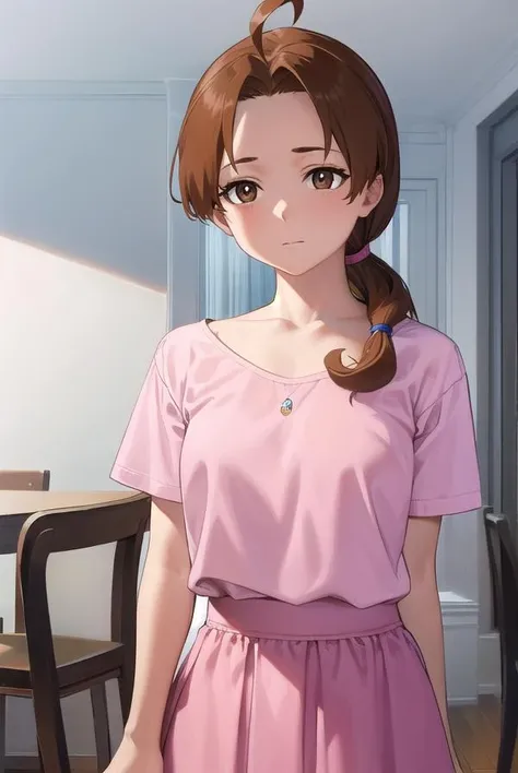 deliaketchum, <lora:deliaketchum-lora-nochekaiser:1>,
deliaketchum, brown hair, (brown eyes:1.7), parted bangs, (ahoge:1.5), ponytail, low ponytail,
BREAK shirt, (pink shirt:1.2), short sleeves, skirt, blue skirt, long skirt,
BREAK indoors,
BREAK looking at viewer, (cowboy shot:1.5),
BREAK <lyco:GoodHands-beta2:1>, (masterpiece:1.2), best quality, high resolution, unity 8k wallpaper, (illustration:0.8), (beautiful detailed eyes:1.6), extremely detailed face, perfect lighting, extremely detailed CG, (perfect hands, perfect anatomy),