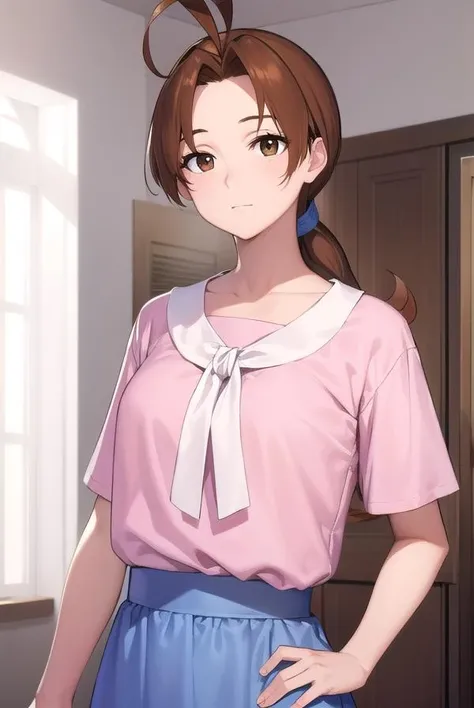 deliaketchum, <lora:deliaketchum-lora-nochekaiser:1>,
deliaketchum, brown hair, (brown eyes:1.7), parted bangs, (ahoge:1.5), ponytail, low ponytail,
BREAK shirt, (pink shirt:1.2), short sleeves, skirt, blue skirt, long skirt,
BREAK indoors,
BREAK looking at viewer, (cowboy shot:1.5),
BREAK <lyco:GoodHands-beta2:1>, (masterpiece:1.2), best quality, high resolution, unity 8k wallpaper, (illustration:0.8), (beautiful detailed eyes:1.6), extremely detailed face, perfect lighting, extremely detailed CG, (perfect hands, perfect anatomy),