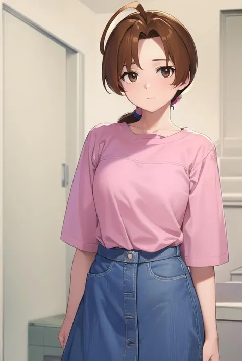 masterpiece, best quality, highres, aanadeko, short hair, brown hair, cabbie hat, orange headwear, blunt bangs, brown eyes, pink shirt, ribbon, blue pants, <lora:sengoku_nadeko_v1:0.8>, hand on hip, street, standing, cowboy shot,