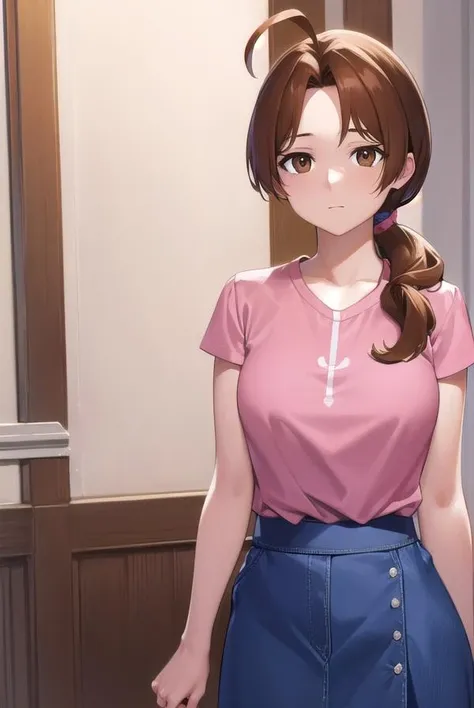 deliaketchum, <lora:deliaketchum-lora-nochekaiser:1>,
deliaketchum, brown hair, (brown eyes:1.7), parted bangs, (ahoge:1.5), ponytail, low ponytail,
BREAK shirt, (pink shirt:1.2), short sleeves, skirt, blue skirt, long skirt,
BREAK indoors,
BREAK looking at viewer, (cowboy shot:1.5),
BREAK <lyco:GoodHands-beta2:1>, (masterpiece:1.2), best quality, high resolution, unity 8k wallpaper, (illustration:0.8), (beautiful detailed eyes:1.6), extremely detailed face, perfect lighting, extremely detailed CG, (perfect hands, perfect anatomy),