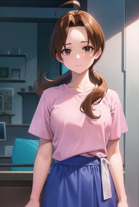 deliaketchum, <lora:deliaketchum-lora-nochekaiser:1>,
deliaketchum, brown hair, (brown eyes:1.7), parted bangs, (ahoge:1.5), ponytail, low ponytail,
BREAK shirt, (pink shirt:1.2), short sleeves, skirt, blue skirt, long skirt,
BREAK indoors,
BREAK looking at viewer, (cowboy shot:1.5),
BREAK <lyco:GoodHands-beta2:1>, (masterpiece:1.2), best quality, high resolution, unity 8k wallpaper, (illustration:0.8), (beautiful detailed eyes:1.6), extremely detailed face, perfect lighting, extremely detailed CG, (perfect hands, perfect anatomy),