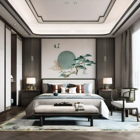Lao Chen, Interior, Bedroom, New Chinese, couch, table, indoors, carpet, wooden floor