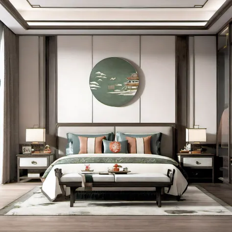 Lao Chen, Interior, Bedroom, New Chinese, couch, table, indoors, carpet, wooden floor