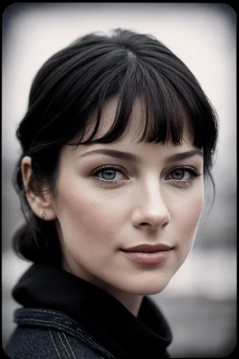 CaitrionaB_SoloTI_v1,, a woman, perfect hair, posing, (vintage photo, tunic), (closeup portrait), necklace, 24mm, (tintype), (analog, cinematic, film grain:1.3), ((plaing Charcoal Gray background, gradient)), ((detailed eyes)), smiling, (epicPhoto), PA7_Portrait-MCU,