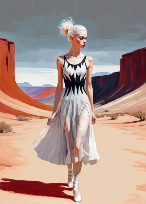 fantasy Fauvism black-toned background, white pattern_dress, a coloured line drawing of a mature white-toned Icelander ballerina walking between desert buttes, crisp lines, skin imperfections <lora:pattern_dress_xl_v1:1>