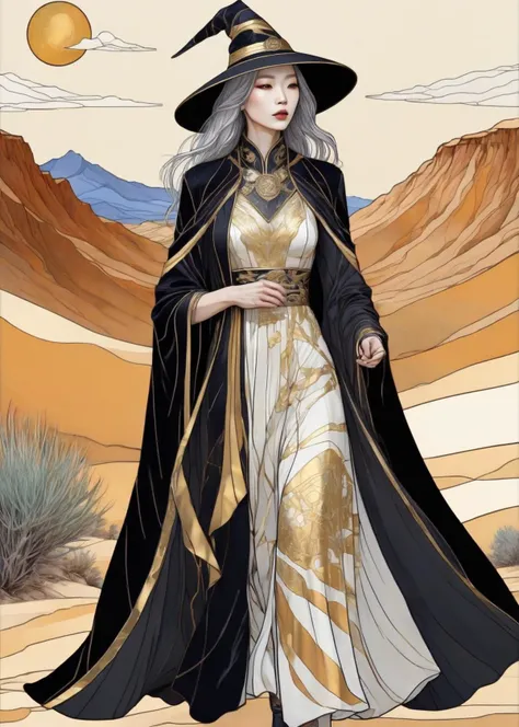 fantasy Stained Glass black-toned background, white pattern_dress, a coloured line drawing of a mature gold-toned South Korean witch walking between desert buttes, crisp lines, skin imperfections <lora:pattern_dress_xl_v1:1>