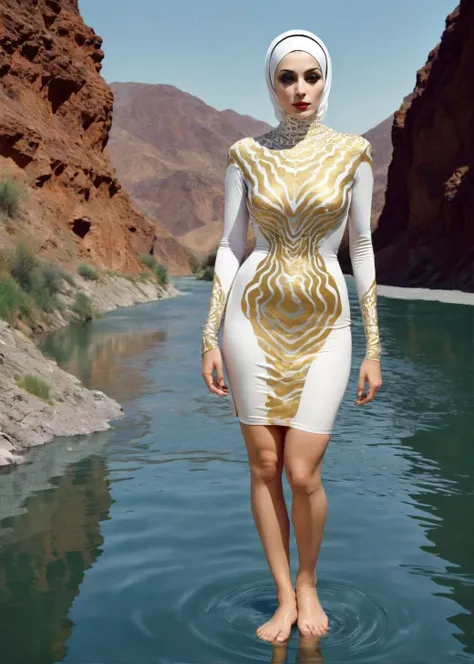 fantasy Op Art black-toned background, white pattern_dress, a coloured line drawing of a mature gold-toned Iranian dominatrix swimming in a river in a gorge, crisp lines, skin imperfections <lora:pattern_dress_xl_v1:1>