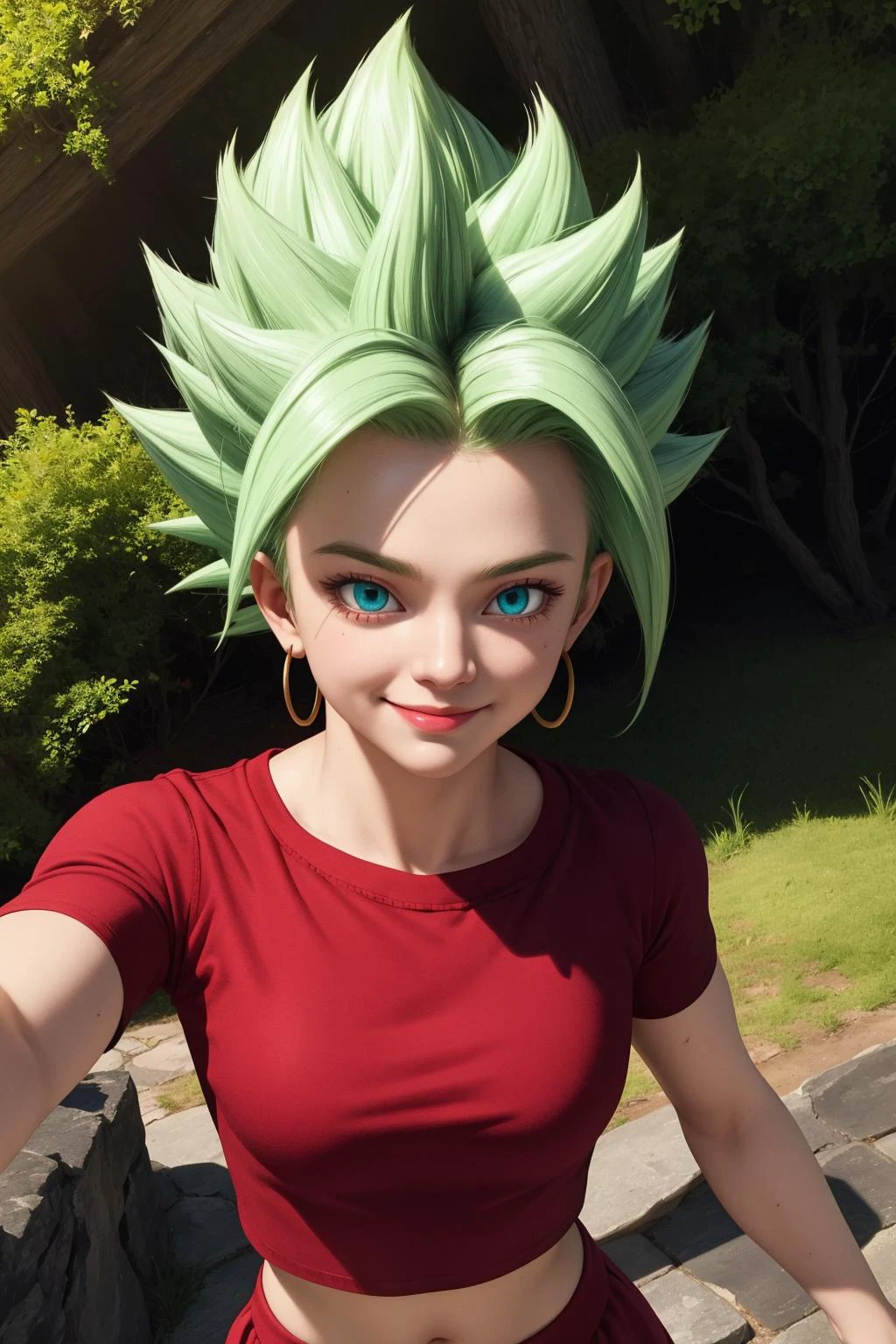 kalessj, 1girl, solo, aqua eyes, green hair, spiked hair, super saiyan, earrings,
red shirt, crop top, short sleeves, red skirt,
smile,closed mouth,porttrait,
forest,outdoor,
(insanely detailed, beautiful detailed face, masterpiece, best quality) cinematic lighting,<lora:DBS_Kale_SSJ_v1:1>, <lora:more_details:0.3>,
