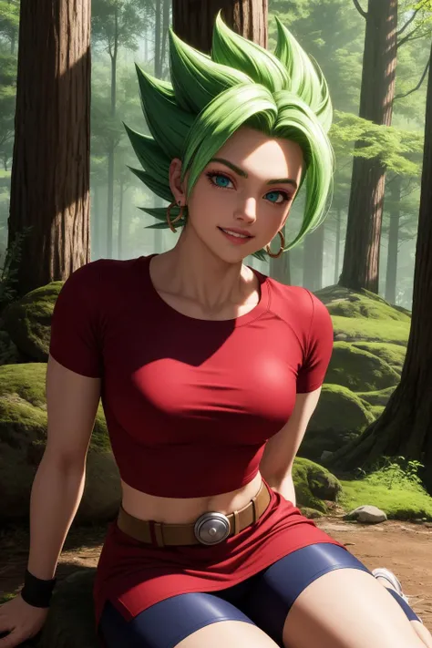 Kefla from dragon ballz, realistic, age 28, pure white skin, green pupils, green spiky hair, perfect face, perfect size body, perfect large breasts, red and black dress, posing to viewer, 8k , ultra realistic.