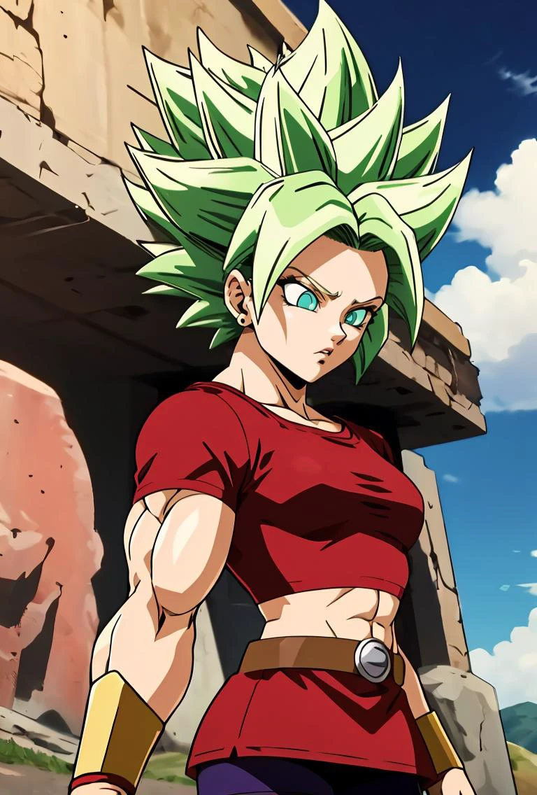(masterpiece, best quality), 1girl, <lora:DBS_Kale_SSJ_v1:0.8> kalessj, 1girl, solo, aqua eyes, green hair, spiked hair, super saiyan, earrings,, red shirt, crop top, short sleeves, wristband, red skirt, bike shorts, vambraces, miniskirt, shorts under skirt, midriff, belt,, muscular, muscular female,