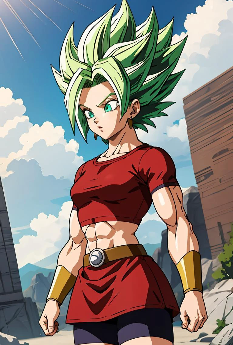 (masterpiece, best quality), 1girl, <lora:DBS_Kale_SSJ_v1:0.8> kalessj, 1girl, solo, aqua eyes, green hair, spiked hair, super saiyan, earrings,, red shirt, crop top, short sleeves, wristband, red skirt, bike shorts, vambraces, miniskirt, shorts under skirt, midriff, belt,, muscular, muscular female,