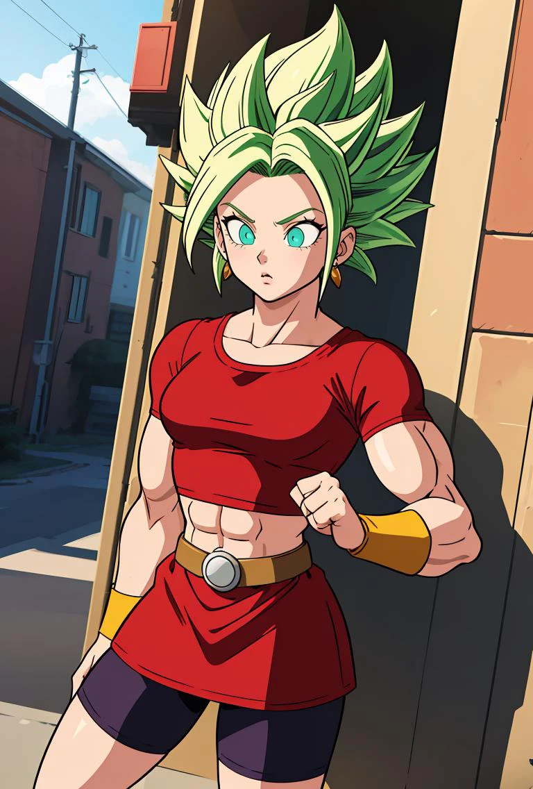 (masterpiece, best quality), 1girl, <lora:DBS_Kale_SSJ_v1:0.8> kalessj, 1girl, solo, aqua eyes, green hair, spiked hair, super saiyan, earrings,, red shirt, crop top, short sleeves, wristband, red skirt, bike shorts, vambraces, miniskirt, shorts under skirt, midriff, belt,, muscular, muscular female,