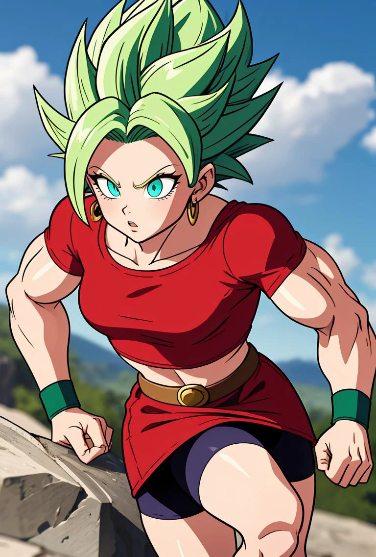 (masterpiece, best quality), 1girl, <lora:DBS_Kale_SSJ_v1:0.8> kalessj, 1girl, solo, aqua eyes, green hair, spiked hair, super saiyan, earrings,, red shirt, crop top, short sleeves, wristband, red skirt, bike shorts, vambraces, miniskirt, shorts under skirt, midriff, belt,, muscular, muscular female,