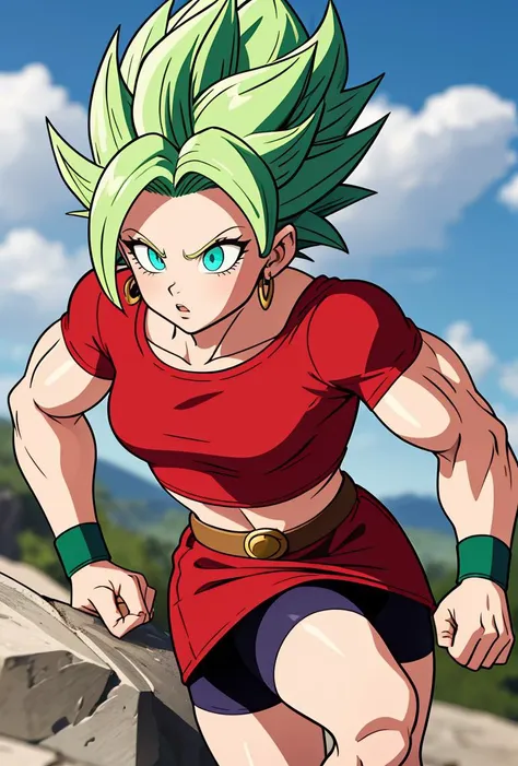 (masterpiece, best quality), 1girl,   <lora:DBS_Kale_SSJ_v1:0.8> kalessj, 1girl, solo, aqua eyes, green hair, spiked hair, super saiyan, earrings,, red shirt, crop top, short sleeves, wristband, red skirt, bike shorts, vambraces, miniskirt, shorts under skirt, midriff, belt,, muscular, muscular female,