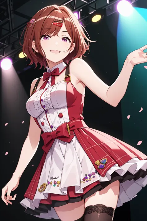 masterpiece, best quality, 1girl, solo, higuchi madoka, brown hair, mole under eye, hair ornament, hairclip, short hair, bangs, purple eyes, <lora:higuchi_madoka_V10:0.6>, cowboy shot, idol, idol dress, thighhighs, smile, on the stage