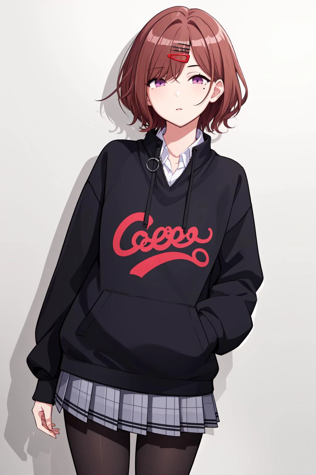 masterpiece, best quality, 1girl, solo, <lora:higuchi_madoka_V10:0.6>, higuchi madoka, brown hair, mole under eye, mole, hair ornament, hairclip, short hair, bangs, purple eyes, black pantyhose, miniskirt, pleated skirt, grey skirt, black sweater, long sleeves, collared shirt
