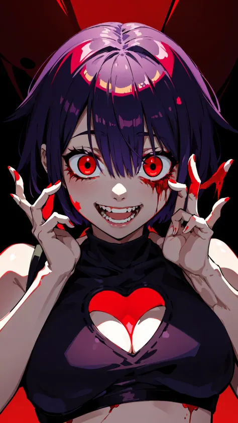 original character , 1girl, (crazy smile:1.2) , short purple hair , bangs , (crazy eyes:1.3) , hands on face , blood splatter on face , red and black color scheme, open mouth, (wide-eyed:1.2), glowing eyes , yandere
<lora:envybetterhandsLocon_beta2:0.9>