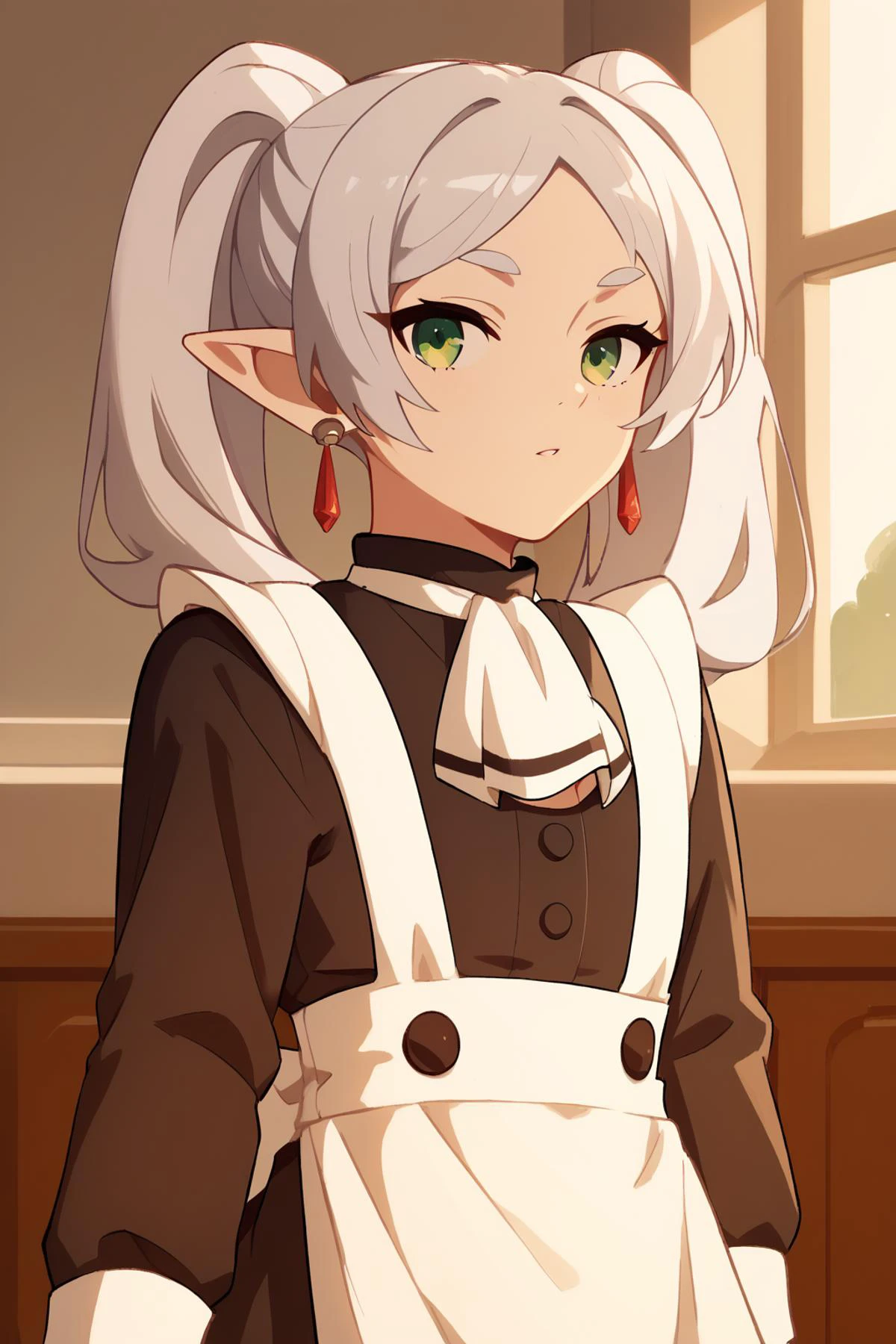 long sleeves,white ascot,white apron,black dress,maid<lora:aisha_greyrat_anime_s2-soralz:1>, <lora:ChamFrierenPonyXL:1> Frieren,green eyes,white hair,long hair,twintails, earrings,small chest, flat, Score_9, Score_8_up, Score_7_up, Score_6_up, Score_5_up, Score_4_up, BREAK,1girl in full growth, best quality, masterpiece, ultra-detailed, high quality,good quality,1 girl,(master piece,high resolution, ultra detailed,8K,16K),look at viewer