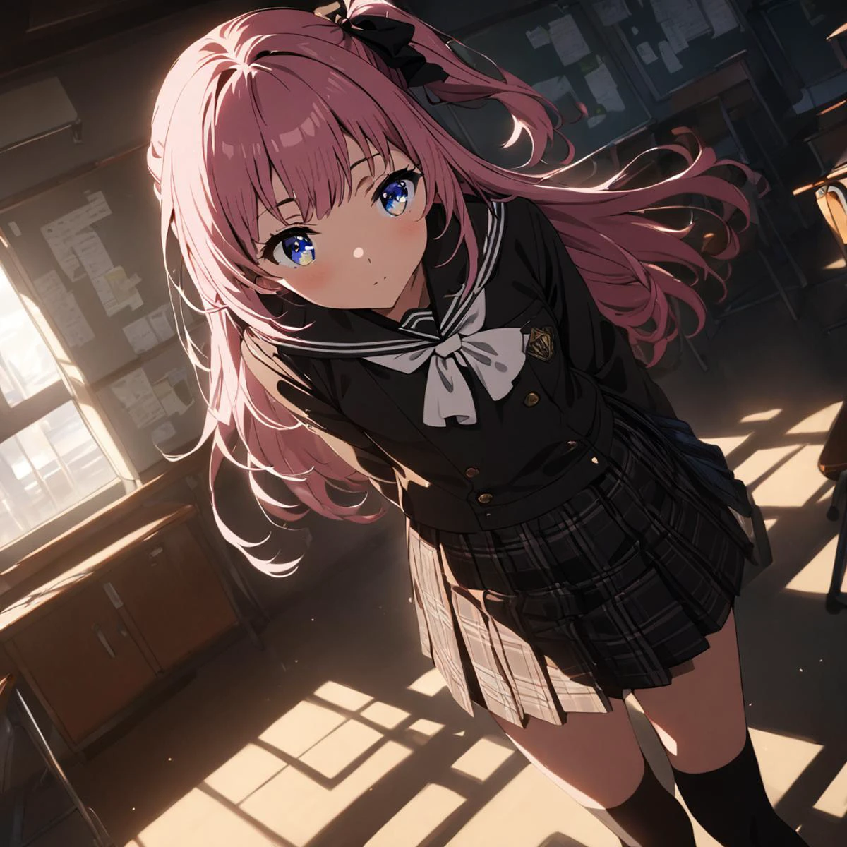 1girl, ,((cinematic light)), ultra-detailed,colorful, hyper detail, dramatic light,best shadow,dramatic lighting, intricate details, best quality, (detailed background:1.4),school,classroom, (hyper detail,masterpiece,detailed face, beautiful detailed eyes), high contrast, (best illumination, an extremely delicate and beautiful),(girl:1.5), solo, black sailor uniform,black shirt,long hair, pink hair,hair bow,blue eyes ,small waist,short stature,small breast,small in stature, one side up, masterpiece, pleated skirt,miniskirt plaid skirt ,black Over the Knee, black knee-high socks, indoors ((caustic)), dynamic angle,beautiful detailed glow, one side up,solo focus, <lora:Gakkou_SDXL_V1:1> <lora:aisha_greyrat_anime_s2-soralz:1>