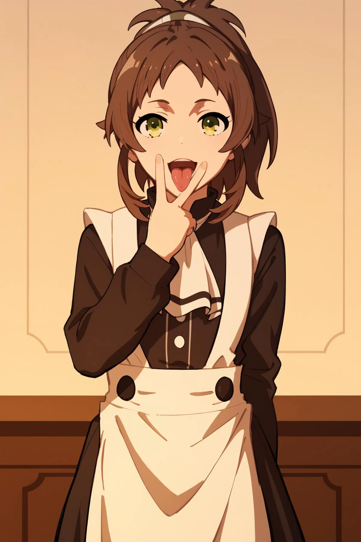 long sleeves,white ascot,white apron,black dress,maid<lora:aisha_greyrat_anime_s2-soralz:1>aisha_greyrat,yellow green eyes,brown hair,ponytail,sidelocks,bangs,long hair, <lora:CunnilingusGesture_PDXL:1> cunnilingus gesture, v, tongue out, Score_9, Score_8_up, Score_7_up, Score_6_up, Score_5_up, Score_4_up, BREAK,1girl in full growth, best quality, masterpiece, ultra-detailed, high quality,good quality,1 girl,(master piece,high resolution, ultra detailed,8K,16K),look at viewer