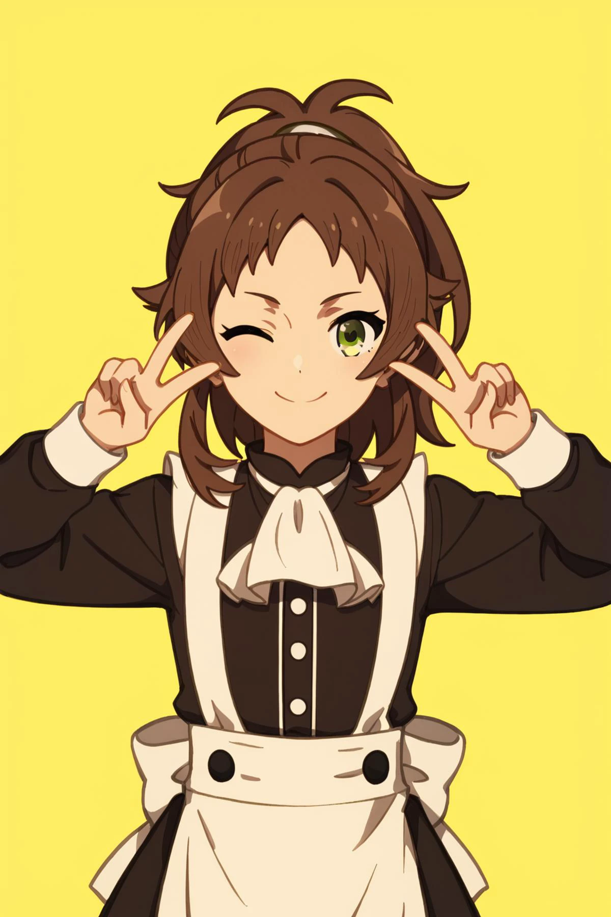 long sleeves,white ascot,white apron,black dress,maid<lora:aisha_greyrat_anime_s2-soralz:1>aisha_greyrat,yellow green eyes,brown hair,ponytail,sidelocks,bangs,long hair,<lora:emoengine.pony:0.8> double peace,one eye closed, Score_9, Score_8_up, Score_7_up, Score_6_up, Score_5_up, Score_4_up, BREAK,1girl in full growth, best quality, masterpiece, ultra-detailed, high quality,good quality,1 girl,(master piece,high resolution, ultra detailed,8K,16K),look at viewer
