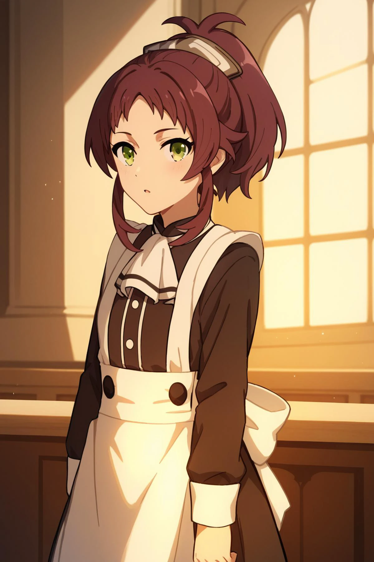 long sleeves,white ascot,white apron,black dress,maid,<lora:aisha_greyrat_anime_s2-soralz:1>aisha_greyrat,yellow green eyes,brown hair,ponytail,sidelocks,bangs,long hair, Score_9, Score_8_up, Score_7_up, Score_6_up, Score_5_up, Score_4_up, BREAK,1girl in full growth, best quality, masterpiece, ultra-detailed, high quality,good quality,1 girl,(master piece,high resolution, ultra detailed,8K,16K),look at viewer