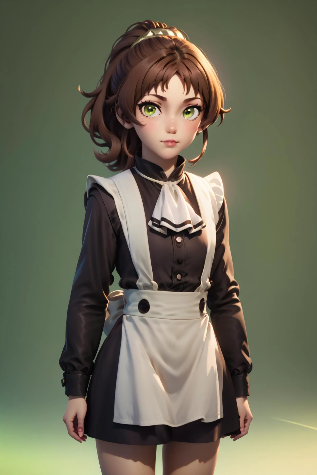 long sleeves,white ascot,white apron,black dress,maid<lora:aisha_greyrat_anime_s2-soralz:1>aisha_greyrat,yellow green eyes,brown hair,ponytail,sidelocks,bangs,long hair,small chest, flat, <lora:3D_Animation_Diffusion_Pony_style:1>, Score_9, Score_8_up, Score_7_up, Score_6_up, Score_5_up, Score_4_up, BREAK,1girl in full growth, best quality, masterpiece, ultra-detailed, high quality,good quality,1 girl,(master piece,high resolution, ultra detailed,8K,16K),look at viewer