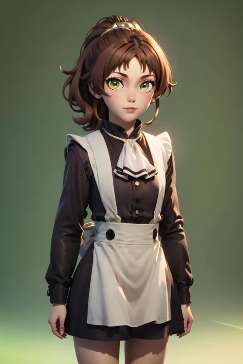 long sleeves,white ascot,white apron,black dress,maid<lora:aisha_greyrat_anime_s2-soralz:1>aisha_greyrat,yellow green eyes,brown hair,ponytail,sidelocks,bangs,long hair,small chest, flat,  <lora:3D_Animation_Diffusion_Pony_style:1>, Score_9, Score_8_up, Score_7_up, Score_6_up, Score_5_up, Score_4_up, BREAK,1girl in full growth, best quality, masterpiece, ultra-detailed, high quality,good quality,1 girl,(master piece,high resolution, ultra detailed,8K,16K),look at viewer