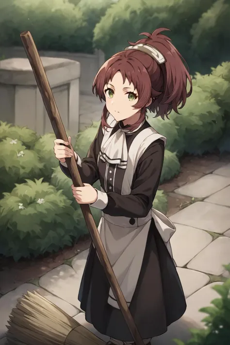 score_9, score_8_up, score_7_up, source_anime,
1girl, looking at viewer, 
outdoors, garden, broom, sweeping floor,
<lora:aisha_greyrat_anime_s2-soralz:1>, aisha_greyrat, yellow green eyes, brown hair, ponytail, sidelocks, bangs, long hair, long sleeves, white ascot, white apron, black dress, maid