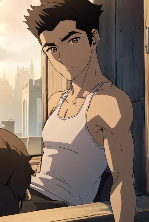 korramako, <lyco:mako-lyco-nochekaiser:1>,
mako, 1boy, mature male, short hair, black hair, (brown eyes:1.5),
BREAK earrings, tank top, white tank top,
BREAK looking at viewer,
BREAK outdoors,
BREAK <lyco:GoodHands-beta2:1>, (masterpiece:1.2), best quality, high resolution, unity 8k wallpaper, (illustration:0.8), (beautiful detailed eyes:1.6), extremely detailed face, perfect lighting, extremely detailed CG, (perfect hands, perfect anatomy),