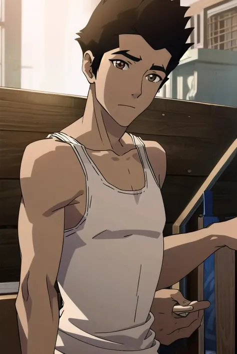 korramako, <lyco:mako-lyco-nochekaiser:1>,
mako, 1boy, mature male, short hair, black hair, (brown eyes:1.5),
BREAK earrings, tank top, white tank top,
BREAK looking at viewer,
BREAK outdoors,
BREAK <lyco:GoodHands-beta2:1>, (masterpiece:1.2), best quality, high resolution, unity 8k wallpaper, (illustration:0.8), (beautiful detailed eyes:1.6), extremely detailed face, perfect lighting, extremely detailed CG, (perfect hands, perfect anatomy),