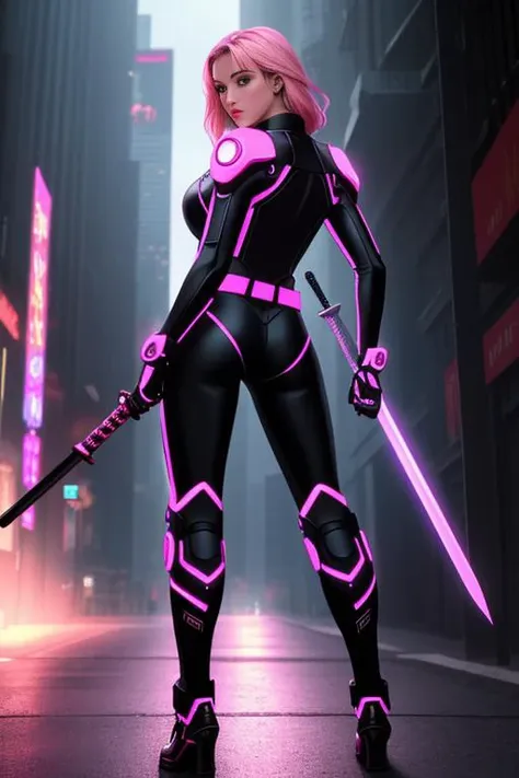 (best quality: 1.2), (masterpiece: 1.2), (realistic: 1.2), (detailed), A Hi-Tech cyberpunk style white black pink skull suit, custom design, shining body, glowing look, full shining suit, hues, steampunk style, mecha, perfect custom Hi-Tech suit, holding sword, weapon master, Hi-Tech belt, muscular body suit, looking back, (masterpiece: 1.2), absurdres, HDR