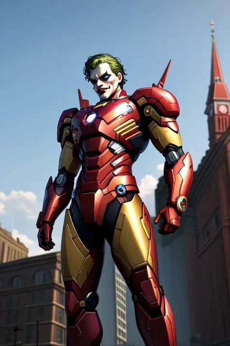 joker with iron man armor on top of a building in new york, crazy smile, high detail, Futurism, Luminism, modern, cinematic lighting, panorama, lens flare, Sony FE GM, best quality, UHD, super detail, 4K, masterpiece