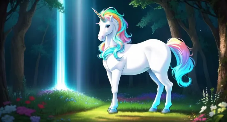 (best quality: 1.2), (masterpiece: 1.2), (realistic: 1.2), (detailed), (bioluminiscent white unicorn, rainbow colored mane: 1.2), standing in a forest, (masterpiece: 1.2), absurdres, HDR