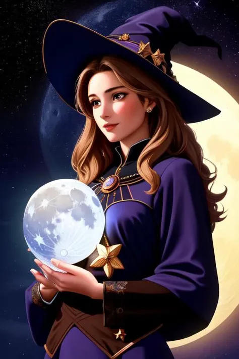 (best quality: 1.2), (masterpiece: 1.2), (realistic: 1.2), (detailed), a beautiful woman as a witch, with mystical how in her arms, moon and stars, (masterpiece: 1.2), absurdres, HDR