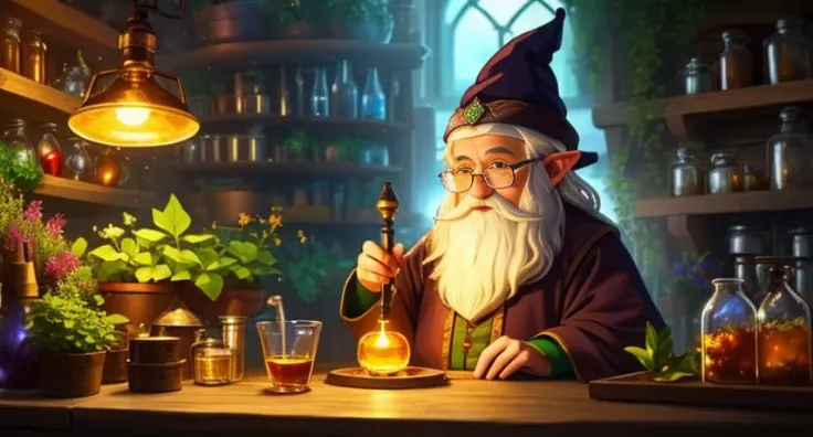 (best quality: 1.2), (masterpiece: 1.2), (realistic: 1.2), solo, !wise old gnome alchemist in his secret botanical laboratory crafting a magical glowing potion,light particle,20 megapixel, on eye level, scenic, masterpiece