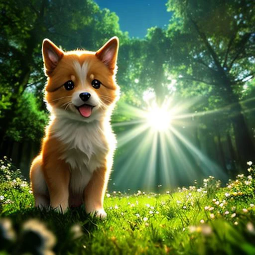 (best quality: 1.2), (masterpiece: 1.2), (realistic: 1.2), closeup photo, a very cute jumping puppy in the forest, soft volumetric lights, (looking at the viewer: 1.3), (backlit:1.3), (cinematic:1.2), intricate details, masterpiece
