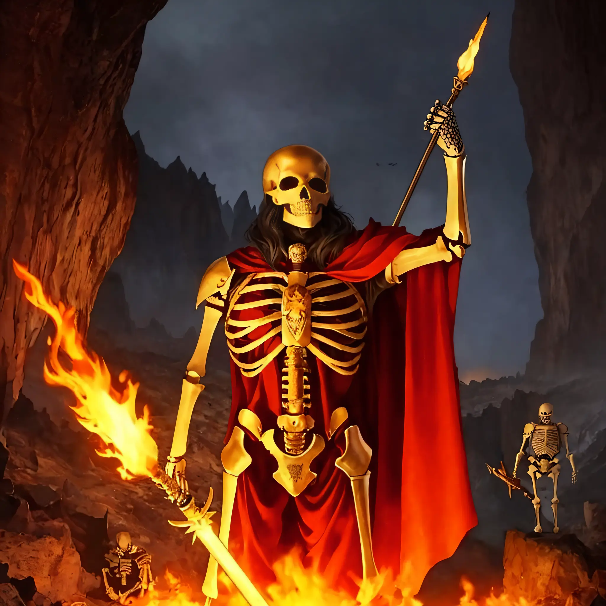 (best quality: 1.2), (masterpiece: 1.2), (realistic: 1.2), (skeleton) holding a flaming spear, old and ragged cape, (dark cave in the background), detailed middle-earth setting, on eye level, mimicking ruined materials, scenic, masterpiece